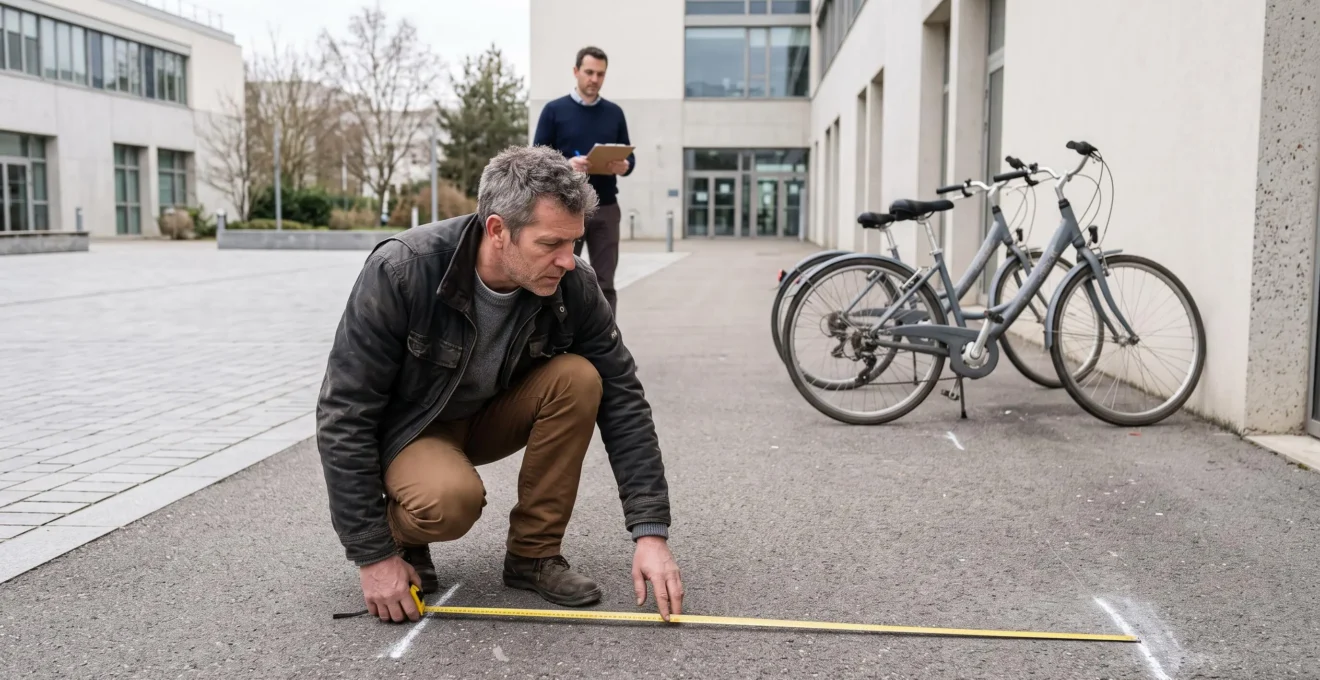 Un responsable de projet accroupi mesure au mètre ruban l'emplacement d'un futur stationnement vélos dans une cour d'entreprise pavée, deux vélos d'essai appuyés contre le mur.