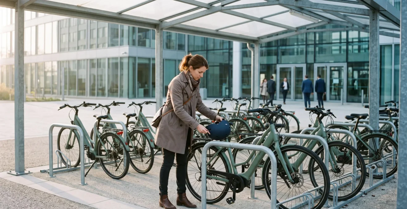 Une salariée détache un vélo d'une flotte d'entreprise stationnée sous un abri vélo devant les bureaux, le matin.