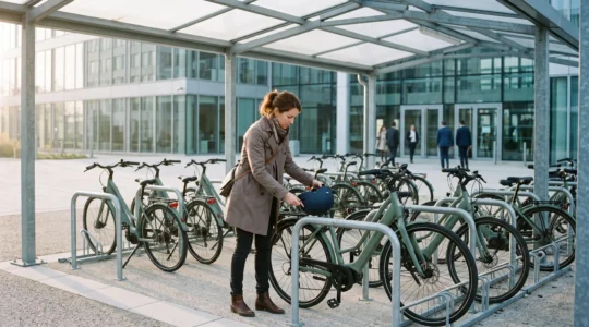 Une salariée détache un vélo d'une flotte d'entreprise stationnée sous un abri vélo devant les bureaux, le matin.