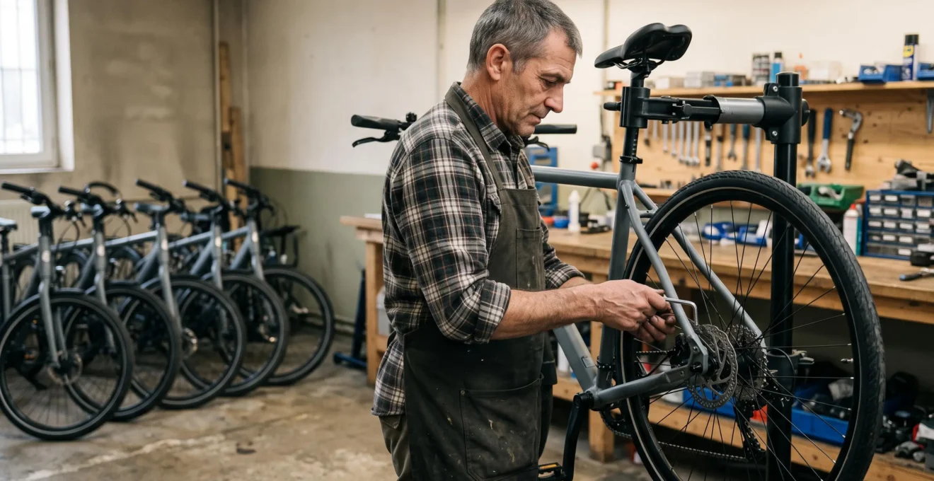 Un mécanicien règle le frein arrière d'un vélo d'entreprise monté sur un support d'atelier, d'autres vélos alignés contre le mur.